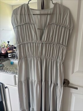 A Classy Chic Boutique Light Gray Tiered V-Neck Maxi Dress